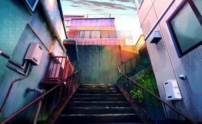 Town, apartments, city, stair, anime