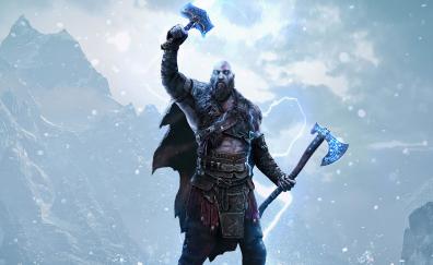 God of war Ragnarok, kratos with hammer and sword, 2023