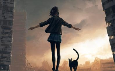 Walk with kitten, anime girl, original