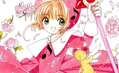 Pink flowers, Sakura Kinomoto, anime girl