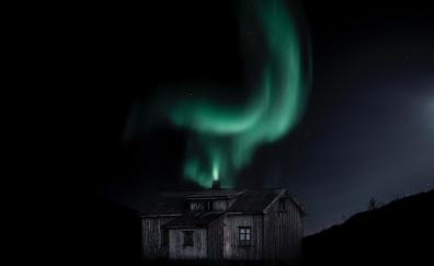 Hut, northern lights, night