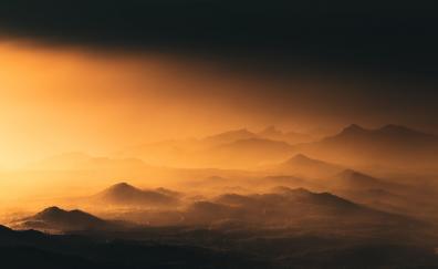 Mist, horizon, nature, mountains, orange sky