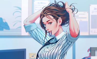 Office, anime girl, adjusting hairs, art