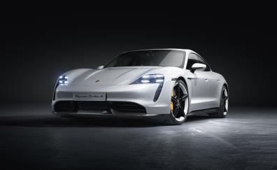 Porsche Taycan Turbo, white car, 2019