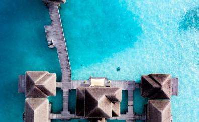 Hut, resort, aerial view, tropical sea