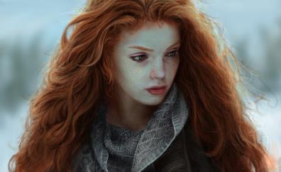 Red head, girl, long curly hair, art