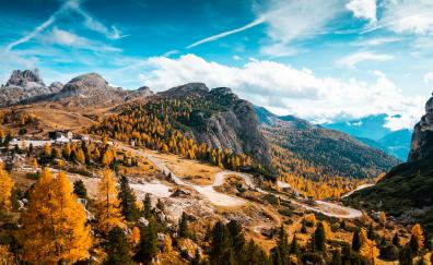 Italy mountains, autumn, forest, aerial view, curvy roads