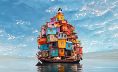 Boat with houses, colorful, art