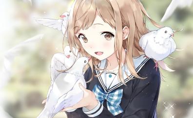 Mano Sakuragi and birds, video game, anime, cute