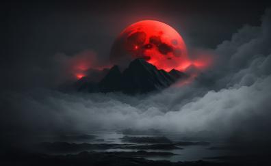 Red moon and dark mountains, art