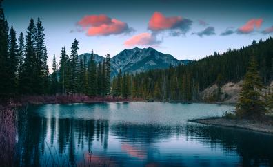 Mount Lorette, pond, mountains, sunset, nature