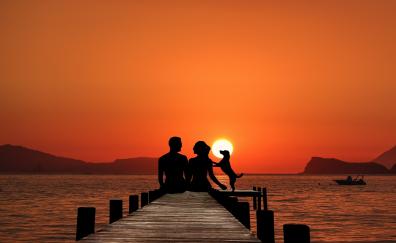 Couple, sunset, pier, silhouette