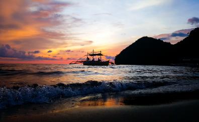 Boat, beach, sunset, sea waves, skyline