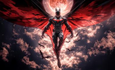 Batman beyond, high flying in sky, patrolling the city, batman