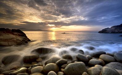 Rocks, coast, sea, sunset