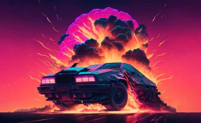 DeLorean car, Retrowave, car xplosion, art