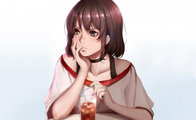 Curious, anime girl, drink