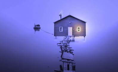 Lake, house, boat, broken birdge, violet, foggy day, minimal