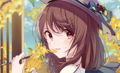 Autumn, tree branch, anime girl, cute