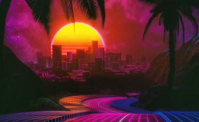 Outrun, road to city, night, digital art