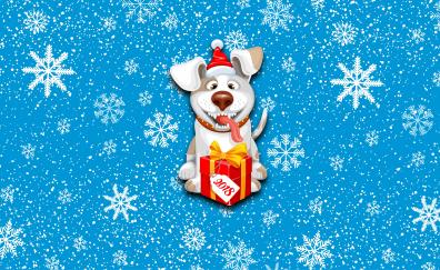 2018, happy new year, dog, gift box, Christmas