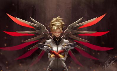 Mercy, overwatch, artwork, game, red wings