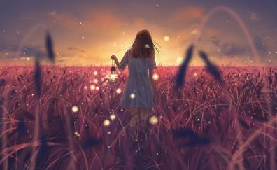 Girl with lantern, grass, landscape, outdoor