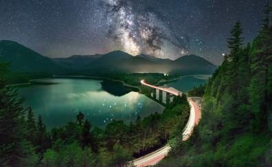 Milky way, road, long exposure, lake, night