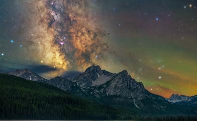 Milky way over mountains, lake, night, nature