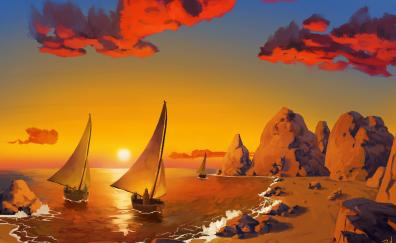 Sunset, sail-boats, ships, coast, art