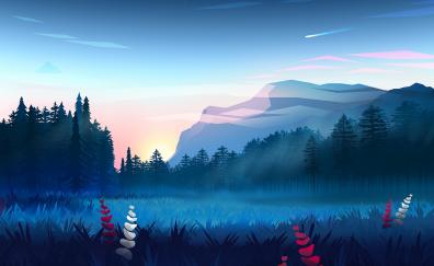 Lawn, meadow, forest, mountains, art