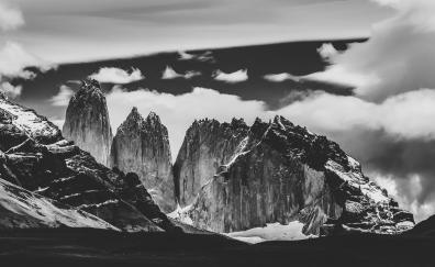 Torres del Paine National Park, mountains, black and white