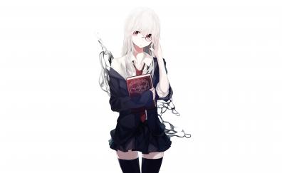 White hair, anime girl, minimal, magic book