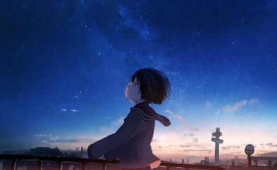 Starry night, anime girl, original