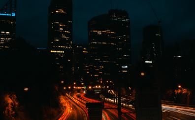 Dark, cityscape, highway, buildings