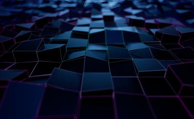 Abstract, dark cubical surface, glowing edges