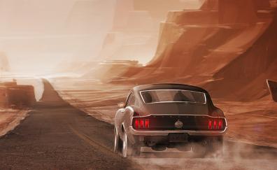 Ford Mustang, long, lone road, artwork