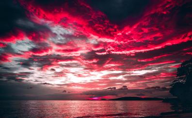 Sea, sunset, red clouds, nature
