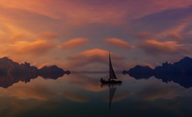 Clouds, sunset, boat, reflections