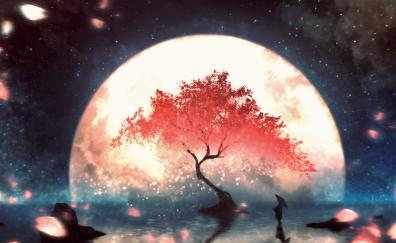 Red tree, moon light, fantasy