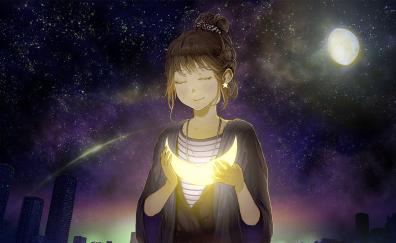 Cute, anime girl with moon, night out, wish, art