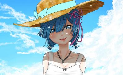 Rem, Re:Zero, anime girl, straw hat, beautiful, cute