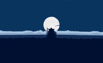 Moon, night, silhouette, castle, minimal
