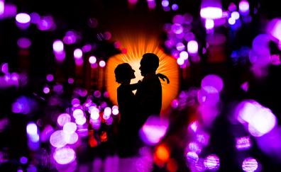 Couple, romantic love, silhouette, bokeh, purple