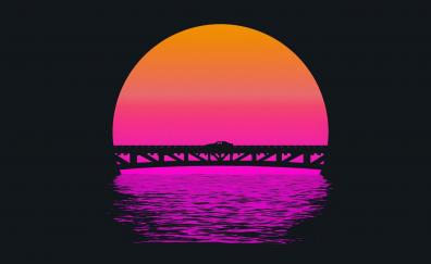 Sunset, lake, bridge, minimal