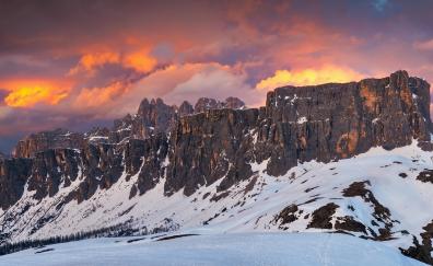 Winter, rocky mountains, sunset