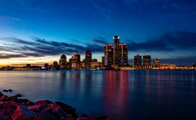 Detroit, city, buildings, cityscape, sunset