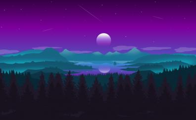 Horizon, moon, mountains, forest, digital art
