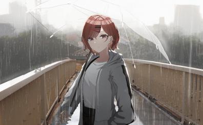 Rain, anime girl, redhead, umbrella