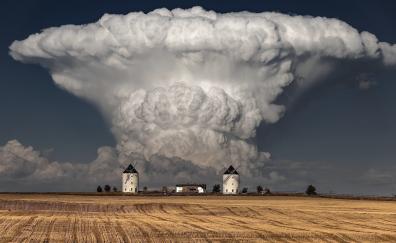 Cloud explosion, mushroom pattern over house, landscape